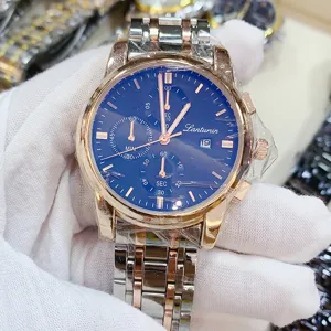 Orologio al quarzo uomo Lanturin quadrante blu cinturino acciaio oro rosa polso elegante