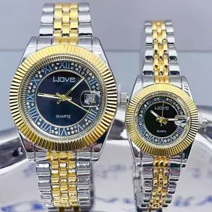 Luxury two-tone quartz couple watches with steel strap, Roman numerals, and calendar display.