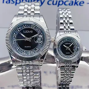 WOVE couple quartz watch set silver steel strap calendar rhinestone dress wristwatches