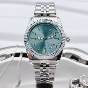 Mode Legierung Edelstahl Band Quarzuhr Für Damen Klassisch Rund Sonnenschliff Zifferblatt Geriffelte Lünette Datum Armbanduhr