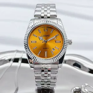 Detailansicht der WOVE Damen Quarzarmbanduhr mit orangefarbenem Zifferblatt und Edelstahlarmband.