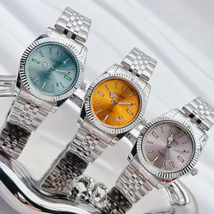 Damen Quarzuhr Edelstahl Jubiläumsarmband geriffelte Lünette Luxus Freizeit Armbanduhr