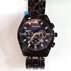 LANTURUN Herrenuhr aus schwarzem Edelstahl mit blauem Zifferblatt, Chronograph und Datum.