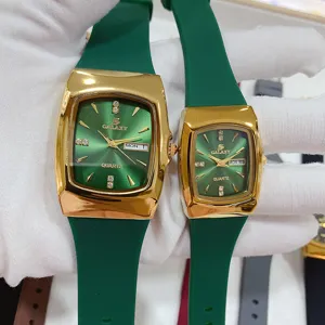 GALAXY groen siliconen band gouden kast koppel quartz horloge met dubbele kalender weergave.