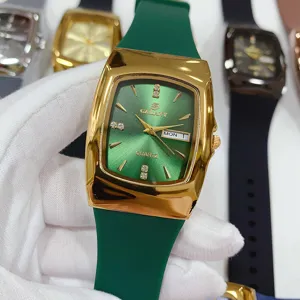 GALAXY groen siliconen band kwarts horloge met gouden rechthoekige kast datum.