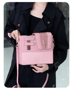 Pink leather crocodile texture crossbody water bottle bag portable cute cup sleeve pouch