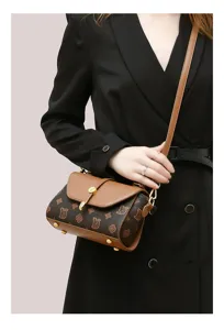 Retro monogram crossbody bag for women, elegant autumn fashion shoulder handbag with lock.