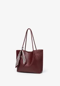 Large capacity leather tote bag for women, stylish shoulder handbag with chic scarf accent.