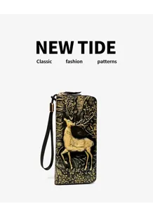 Detailed close-up view of retro embossed deer long wallet and elegant leather clutch bag.