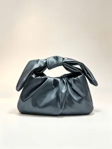 Metallic grey leather knotted handle handbag, stylish evening bag with unique bunny ear design.