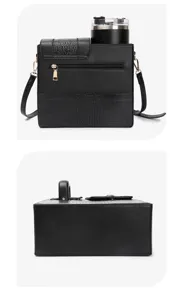 Black PU leather crossbody water bottle bag with crocodile pattern and built-in cup holder.