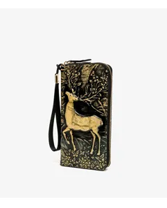 Vintage embossed deer long wallet with wrist strap chic zip clutch bag for women daily use