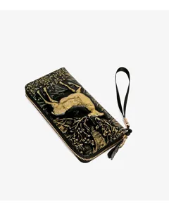 Retro embossed deer long wallet clutch with wrist strap, stylish unisex zippered design.