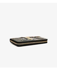Detail shot of a vintage embossed long zip wallet in black with golden animal design.