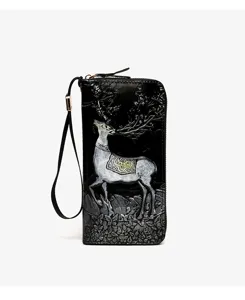 Embossed deer long wallet with wrist strap, retro style PU leather zipper clutch bag for women.
