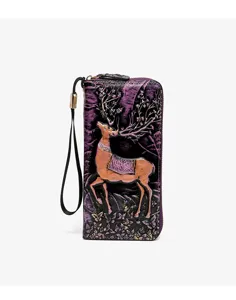 Embossed leather long wallet with zipper, vintage deer motif clutch purse for women.