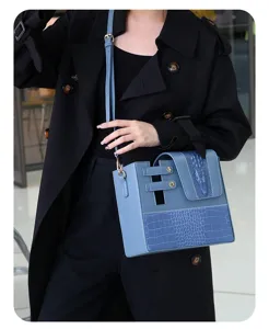 Blue crocodile pattern shoulder bag detail, stylish PU leather crossbody bag for women.
