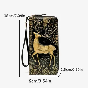 Vintage embossed deer long wallet women clutch PU leather card holder black gold 18cm stylish
