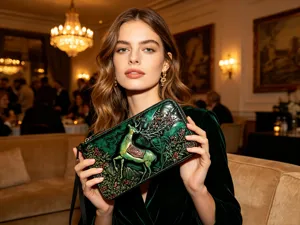 Detailed view of the vintage green embossed leather wallet with intricate deer motif.