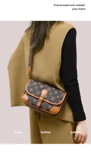 Classic genuine leather baguette shoulder bag for women, stylish brown monogram crossbody.