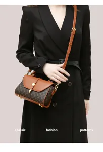 Vintage retro monogram crossbody bag for women, elegant top handle shoulder bag with clasp.