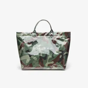 Waterproof camo tote bag with glossy finish, spacious capacity for daily commute and travel.