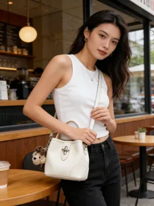 Stylish white leather bucket bag detail featuring metal lock and cute bear charm pendant.
