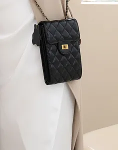Black quilted leather mini cell phone crossbody bag with gold chain strap and turn lock.