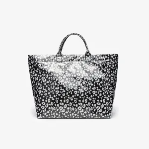 Black and white leopard waterproof tote bag detail, featuring durable material for daily commute.