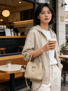Women PU Leather Bucket Bag Minimalist Solid Color Casual Tote Bag With Lock Clasp Cute Bear Pendant Daily Shoulder Bag