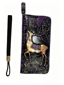 Embossed deer leather long zip wallet with wrist strap, vintage clutch bag detail view.