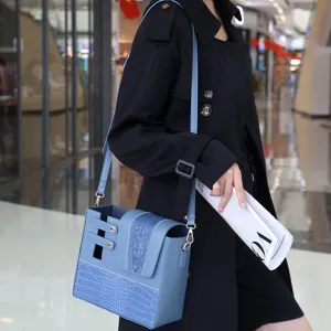 Detailed shot of the blue PU leather cross-body water bottle bag with stylish crocodile texture.
