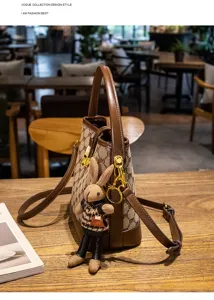 Women PU leather bucket bag stylish monogram print shoulder bag with cute rabbit pendant