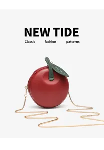 Red Apple Shaped Crossbody Bag Cute PU Leather Round Handbag with Gold Chain for Women