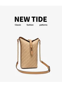 Borsa a tracolla in paglia intrecciata da donna, borsa a secchiello retrò con catena e design.