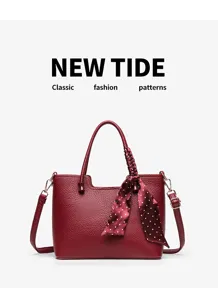 Wine red PU leather handbag with polka dot scarf detail, elegant tote shoulder bag.