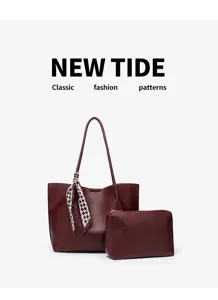 Burgundy leather tote bag set for women, large capacity shoulder bag with chic patterned scarf.