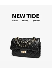 Women luxury black quilted leather shoulder bag with gold chain strap classic design detail view