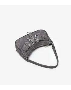 Grey retro motorcycle shoulder bag with double buckles and zipper, stylish underarm purse.