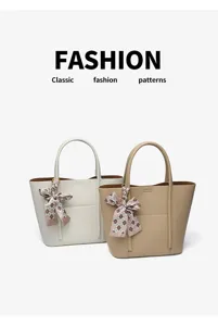 Fashion women genuine leather tote bag with bow silk scarf casual large capacity handbag.