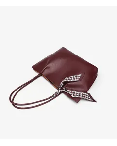 Large capacity burgundy leather tote bag, minimalist shoulder bag for women daily commuting work.