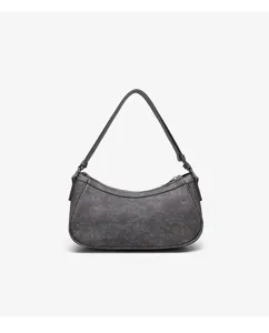 Close-up view of the vintage grey shoulder bag, showing the smooth zipper and durable strap design.