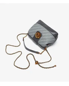 Chic woven shoulder bag with metal camellia clasp and stylish chain strap for elegant women.