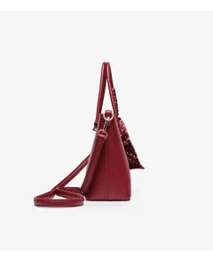 Red leather tote bag for women stylish shoulder handbag with polka dot scarf side view