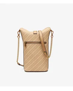Borsa a tracolla a secchiello in paglia retrò intrecciata da donna, design minimalista con catena.
