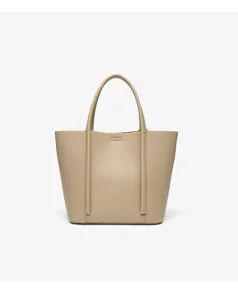 Beige leather handbag detail, minimalist design with vertical straps, premium texture.