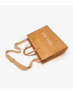 Retro kraft paper tote bag with adjustable shoulder strap, large capacity daily crossbody bag.