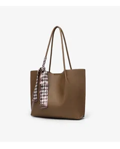 Brown leather tote bag for women, minimalist daily commuter shoulder bag with scarf.