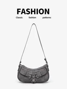 Vintage Motorcycle PU Leather Underarm Bag For Women Retro Dark Gray Solid Color Shoulder Bag Daily Casual Chic Handbag