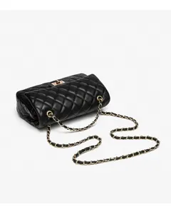 Classic black quilted leather shoulder bag with gold chain strap, elegant commute crossbody bag.